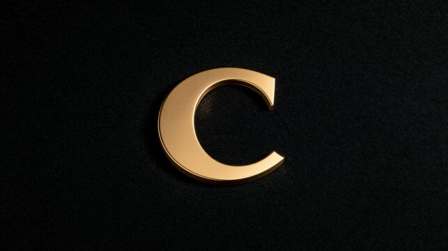 A shiny gold letter C on a dark textured background. Elegant design element for luxury branding and high-end typography projects.