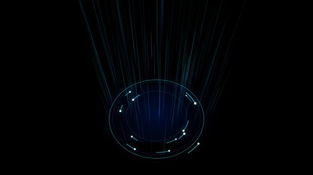 Abstract futuristic glowing cyan hologram portal base with light rays and rotating nodes on dark background animation.