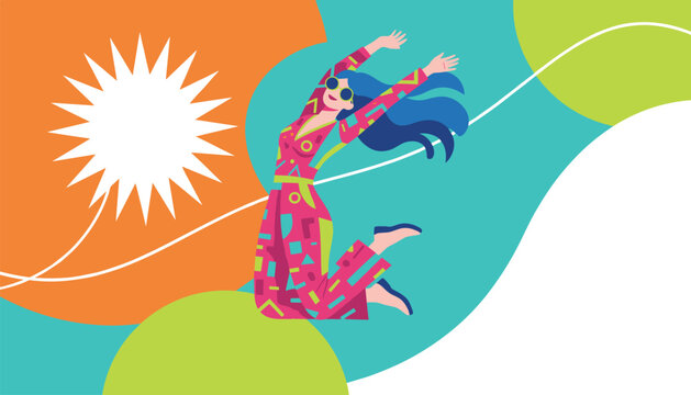 Energetic woman in vibrant jumpsuit leaping happily against abstract background with colorful shapes and star.