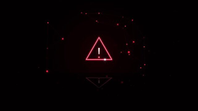 Cautionary neon triangle warning symbol pulsing with digital particles against a dark background for system alerts