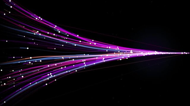 Abstract glowing neon fiber optic lines and data particles flowing on dark background animation.
