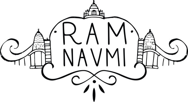 Handdrawn illustration of Ram Navmi festival text with temple silhouettes on white background