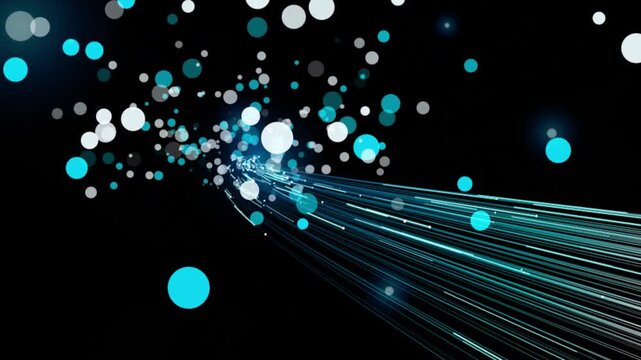 Abstract glowing cyan data particles bursting into fiber optic light trails on dark background animation.