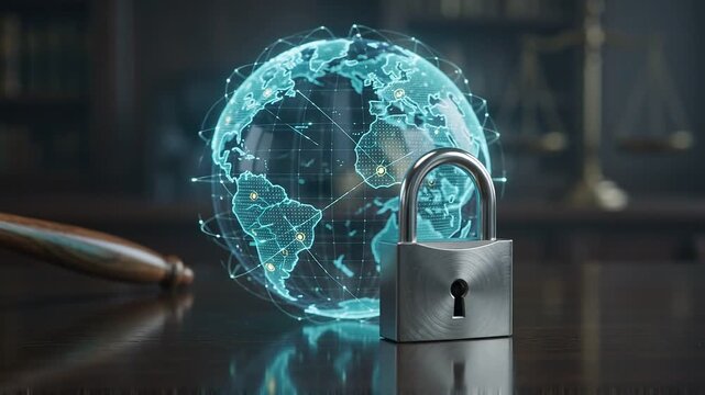 Judge Gavel with Digital Globe Hologram and Padlock on Courtroom Desk, Concept of Cyber Law and Global Data Protection, Panning Shot