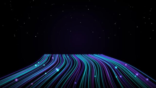 Abstract futuristic glowing neon wavy digital highway and light trails on dark starry background animation.