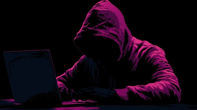 Mysterious hooded hacker using a laptop in dramatic magenta lighting, conceptual cybersecurity, online privacy and digital crime background for technology media.


