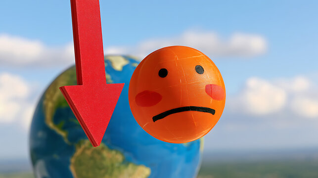 Red down arrow pointing downward in front of planet Earth and a sad orange emotion ball representing global crisis and economic decline issues