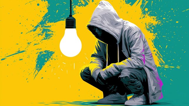 Anonymous hooded person crouching beneath a glowing light bulb on a vivid yellow and teal background, conceptual isolation, uncertainty and social awareness.


