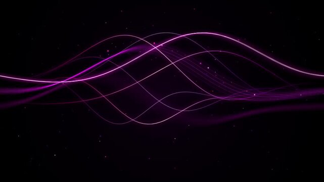 Abstract elegant glowing purple neon wavy lines and floating particles on dark background animation.