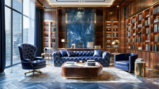Luxury library lounge with leather sofas, dark wood shelving and panoramic windows, sophisticated executive interior for hospitality, offices and branding.

