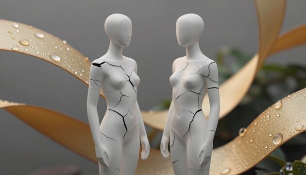 Cracked White Mannequins with Golden Ribbons and Water Droplets
