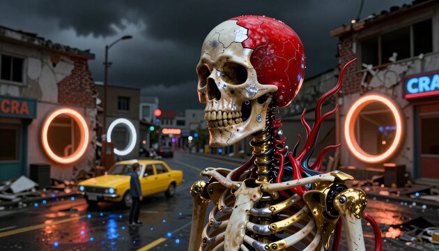 Robotic Skeleton with Cracked Red and Beige Skull in Dystopian Urban Scene