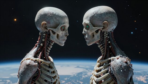 Skeletal Figures with Glowing Eyes Against Earth in Space