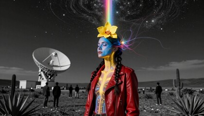 Fototapeta premium Futuristic Desert Figure with Neural Glow and Satellite Dish