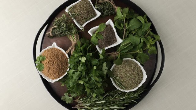 Aromatic herbs and spices selection rotating