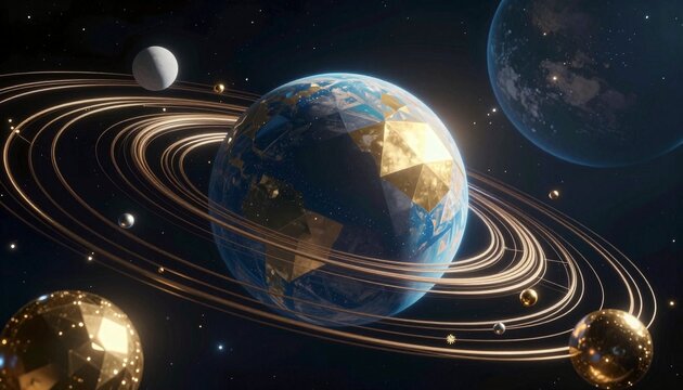 Stylized Cosmic Earth with Planetary Rings and Celestial Bodies