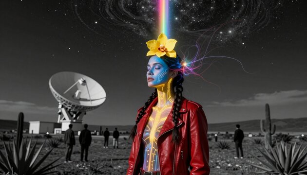 Futuristic Desert Figure with Neural Glow and Satellite Dish