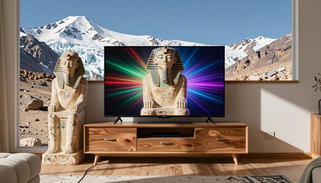 Modern Living Room with Egyptian Statues and Mountain View on Smart TV