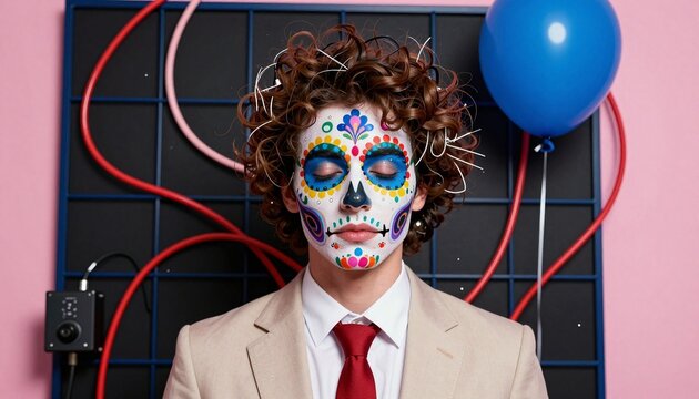 Day of the Dead Makeup Portrait with Blue Balloon and Vibrant Background