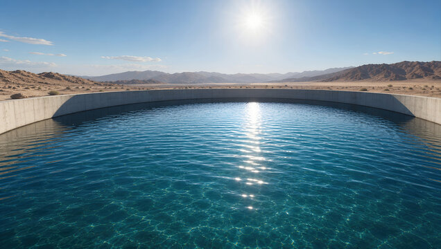 Reservoir water reflecting sunlight beneath desert mountain landscape