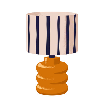 Bedside table lamp. Striped lampshade in modern retro design style. Cozy home interior decor, night light. Nightstand decoration, nightlight. Flat vector illustration isolated on white background