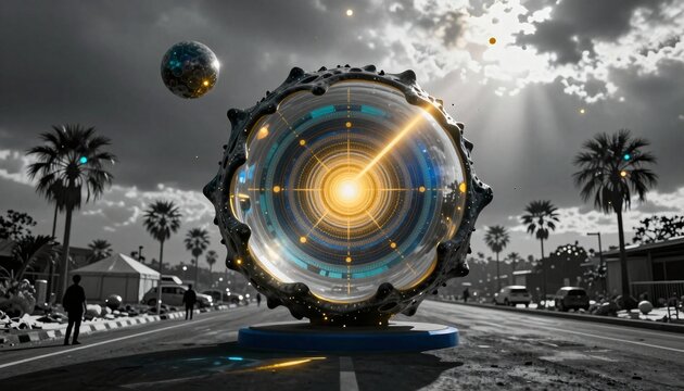 Futuristic Tech Portal in Urban Street with Palm Trees