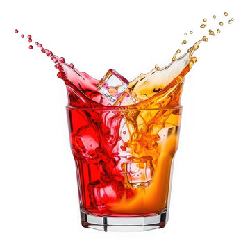 Red and orange cocktail splash with ice cubes in a glass isolated on white background