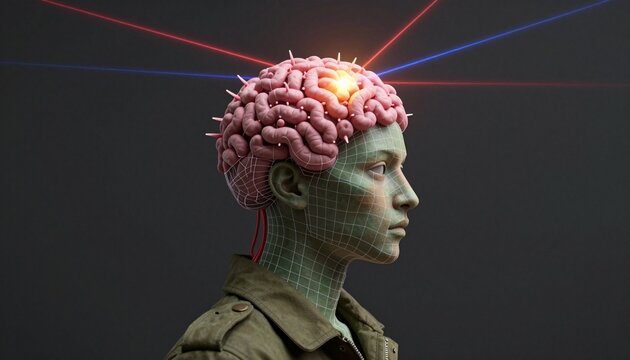 Futuristic Neural Interface Concept with Glowing Brain and Laser Beams