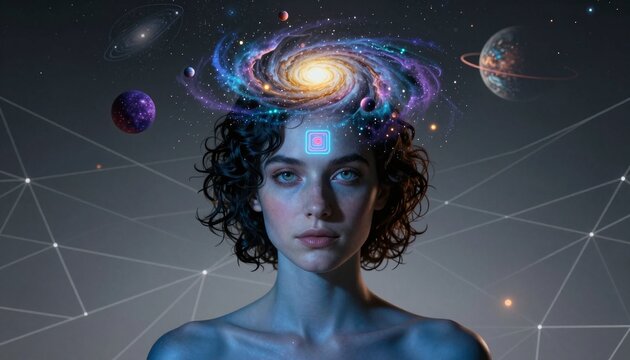 Galactic Consciousness Portrait with Nebula and Planets