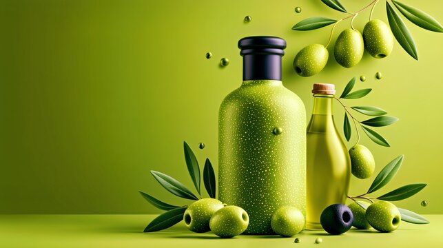 Green olive oil bottles with fresh olives and leafy branches on a vibrant organic background, premium packaging concept for branding, wellness and food marketing.

