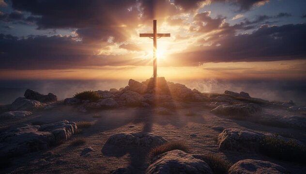 Cross sunset silhouette, wooden cross on rocky hill with dramatic sky and sun rays. Religious christian symbol, spiritual scene on mountain with stones, divine light through clouds.