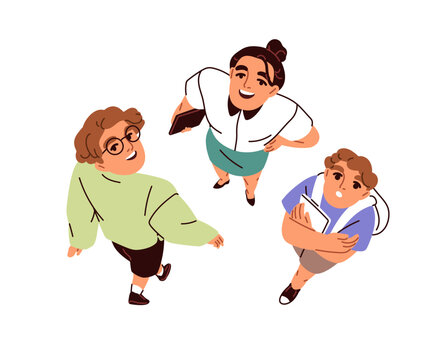 Top down view, happy surprised and confused people looking up. Casual viewers, teacher and students with amazed curious emotion, face expression. Flat vector illustration isolated on white background