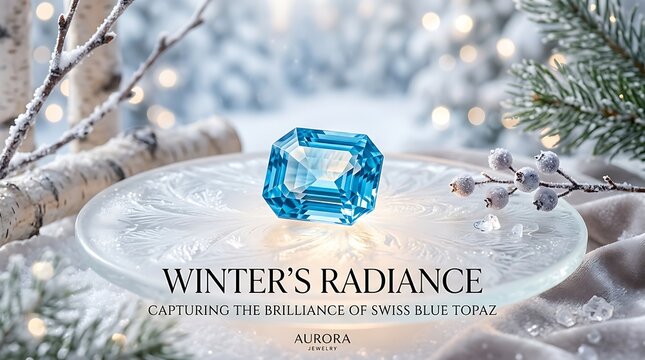 Emerald-cut swiss blue topaz gemstone on a frosted glass plate in a winter setting