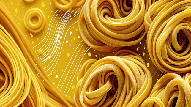Golden pasta nests and flowing spaghetti strands arranged in an artistic abstract composition for Italian food branding, packaging and recipe design.

