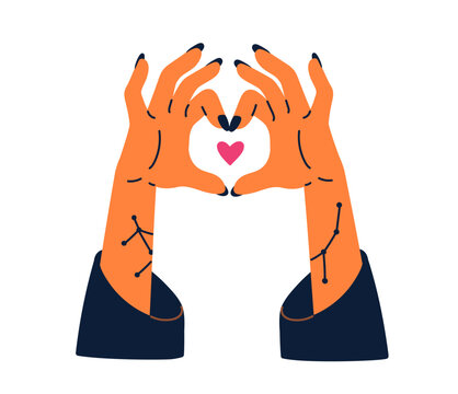 Heart shape gesture with hands, fingers. Making, forming love and like symbol, sign. Passion, affection, romantic feeling sharing and showing. Flat vector illustration isolated on white background