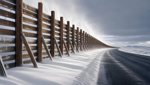 Snowy road beside wooden snow fence under dramatic winter sky