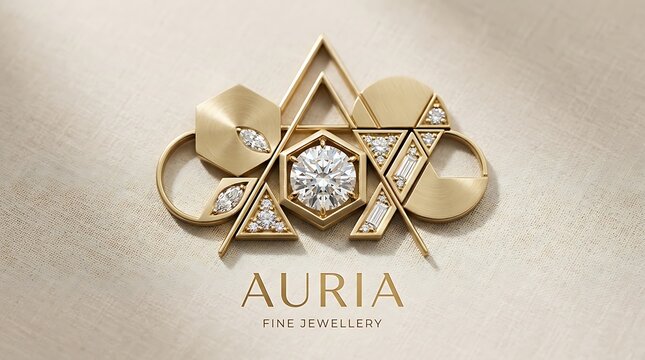 Gold brooch with geometric shapes, diamonds and auria fine jewellery text