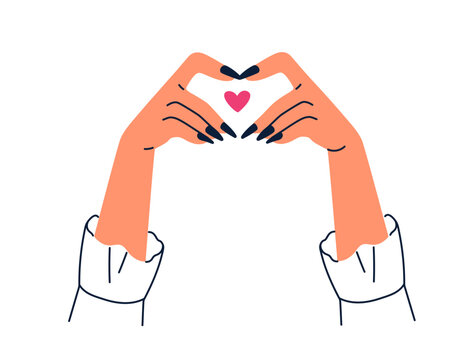Heart shape gesture with hands, female fingers. Love, passion, affection concept, showing romantic symbol. Women arms making like sign. Flat vector illustration isolated on white background