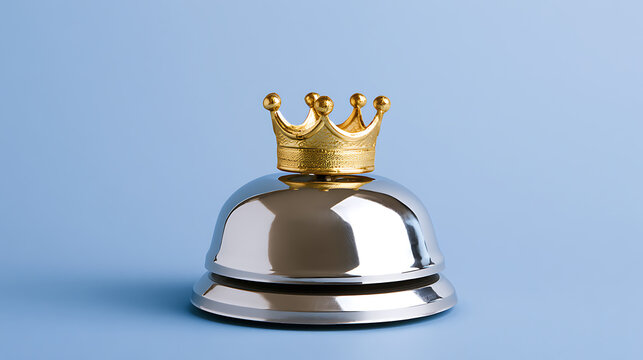 A shiny silver service bell with a small gold crown on top, isolated against a simple blue background to symbolize VIP customer service