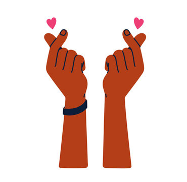 Asian mini heart gesture with fingers. Hands making, forming love symbol, like and hope sign. Sending, sharing affection, romantic feeling. Flat vector illustration isolated on white background