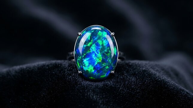 Oval black opal ring with iridescent blue and green flashes on black velvet