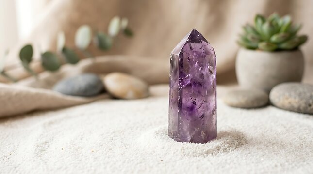 Polished amethyst crystal point standing on white sand with stones and succulent