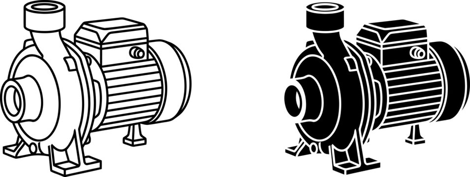 Centrifugal water pump vector silhouette and outline icon set for industrial equipment and hardware design