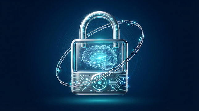 Digital Security Padlock Protecting Human Brain Icon for Cyber