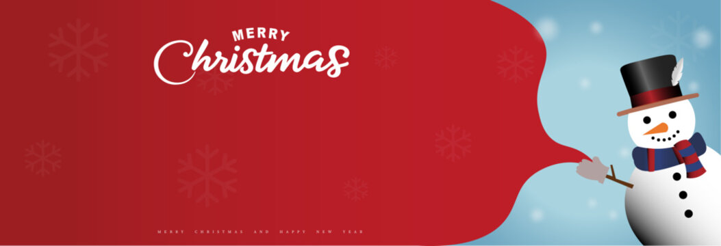 Merry Christmas banner background with large copy space and cute snowman pulling red gift sack for sales text and promo header