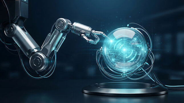 Robotic Arm Interacting With A Glowing Digital Globe Representing