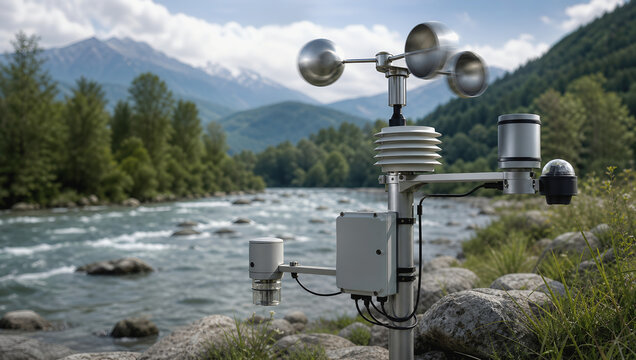 Weather station river mountain landscape forest cloud