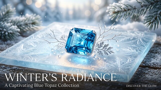 Square-cut blue topaz gemstone on a frosted glass surface with winter pine branches