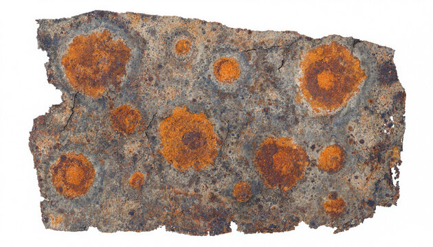 Aged and weathered rusted metal sheet with textured orange corrosion patterns on a clean white background