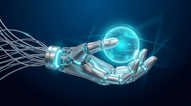 Robot Hand Holding Glowing Data Sphere Representing Artificial